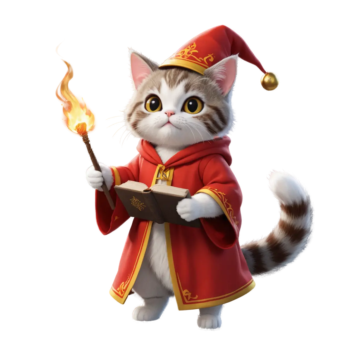a cute cat dressed as a wizard casting fire spell with staff and holding a open book on the in other hand, wearing red robe