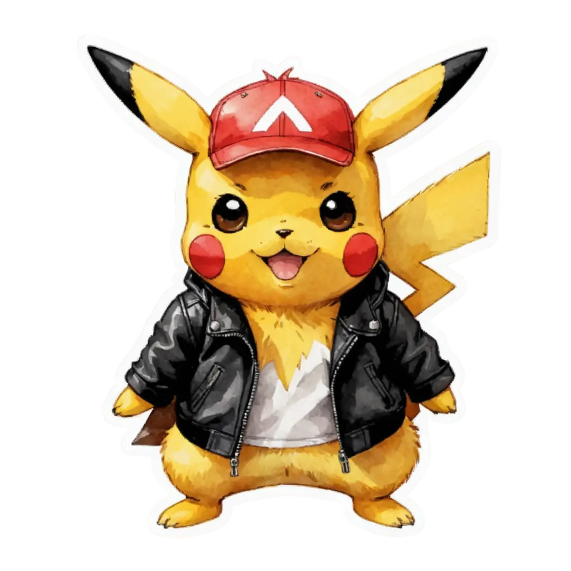 a cool looking pikachu wearing black leather jacket, watercolor painting style
