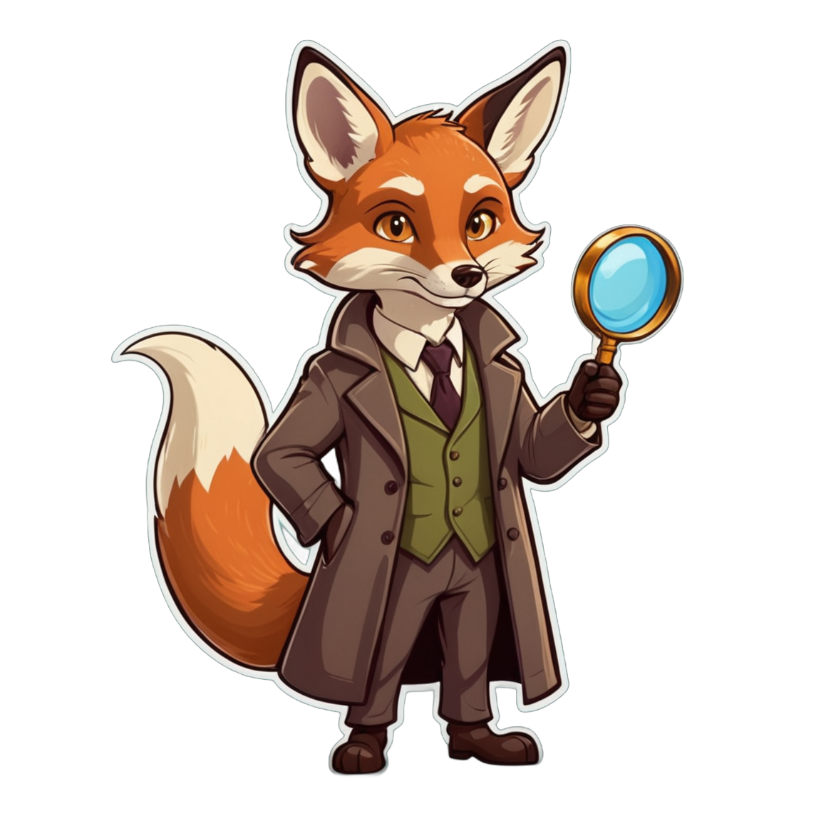 A fox Sherlock Holmes with a magnifying glass and an inquisitive gaze