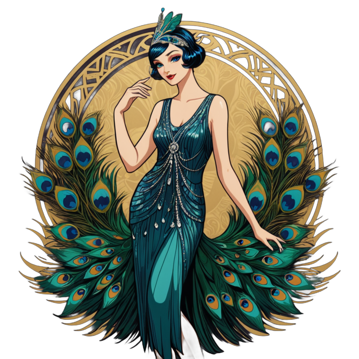 A 1920s flapper reimagined as a peacock, feathers flowing into a dazzling art deco dress shimmering with speakeasy glamour
