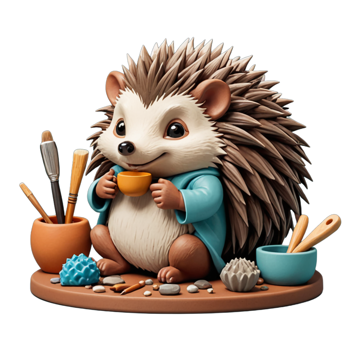 A hedgehog crafting pottery, surrounded by clay, its spines creatively studded with ceramic pieces and artisan tools