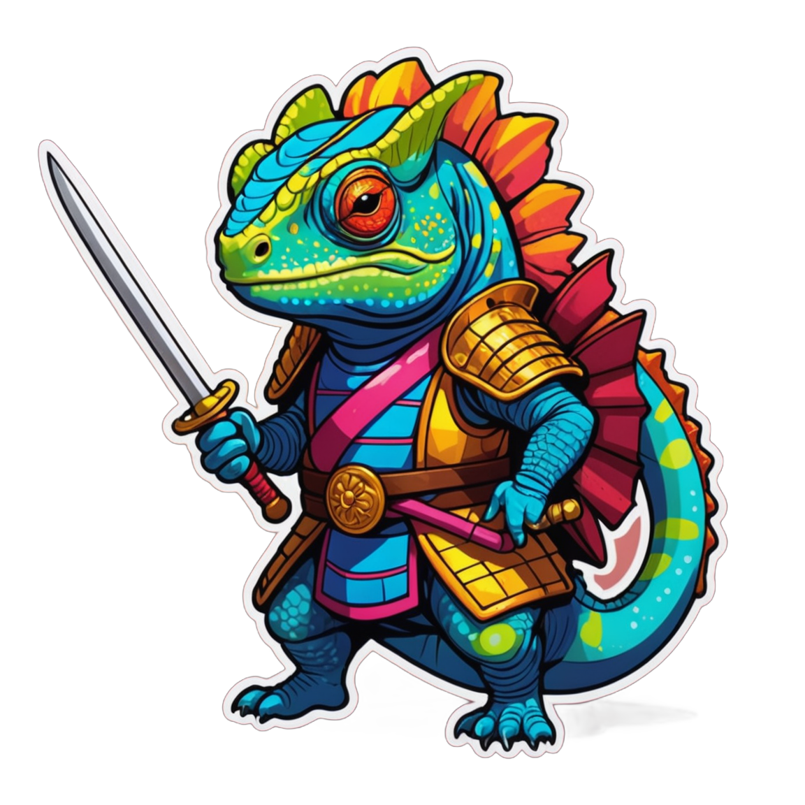 A chameleon dressed as a samurai warrior, vivid and colorful armor blending with a spectrum of bright hues