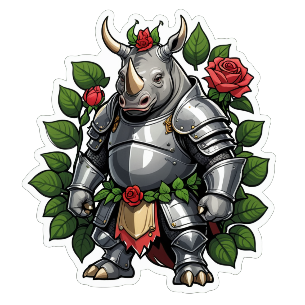 A rhinoceros adorned in botanical-themed knight armor, with rose thorns and green vines, poised for battle