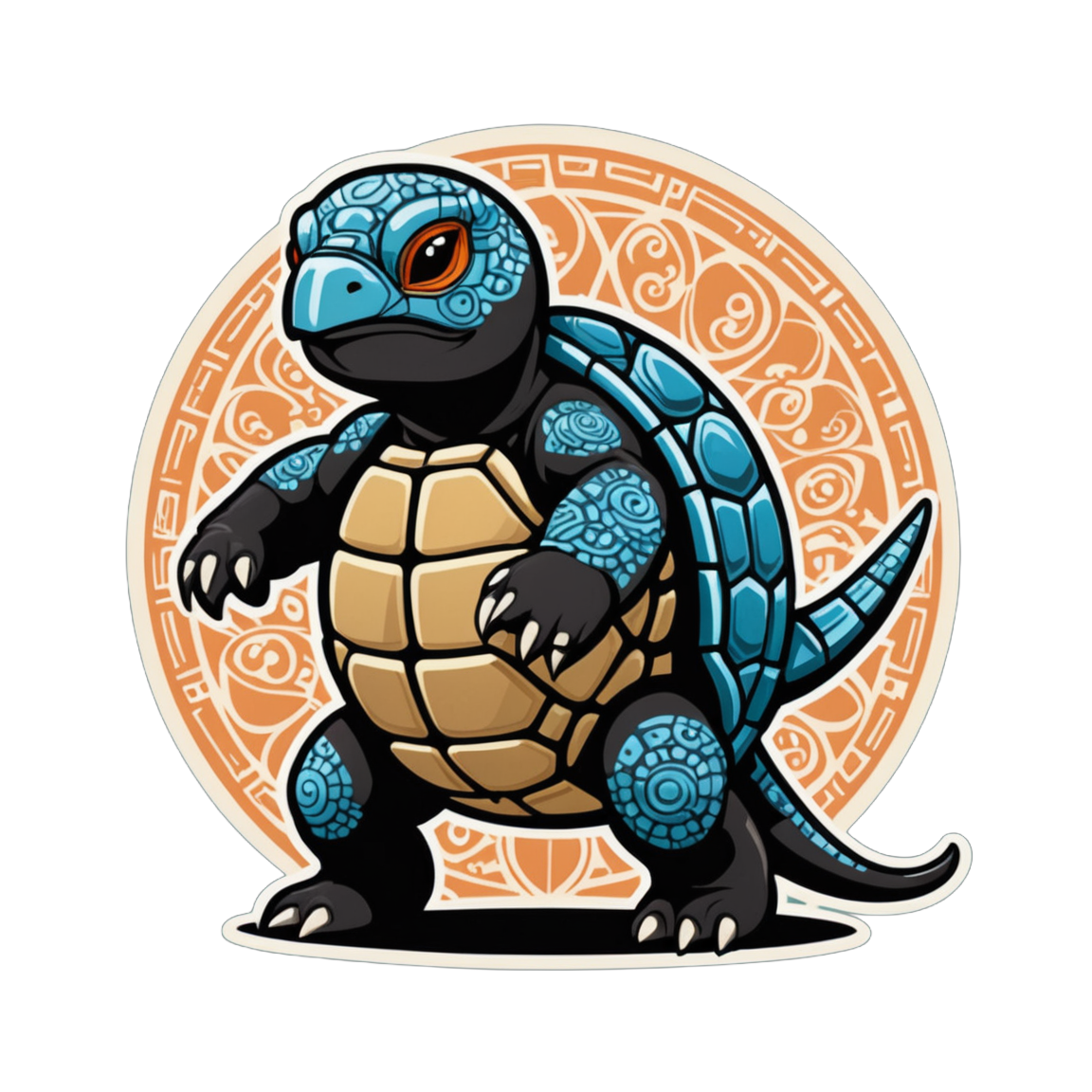 A turtle characterized as a ninja, with a patterned shell resembling ancient Japanese mosaics, stealthy and agile