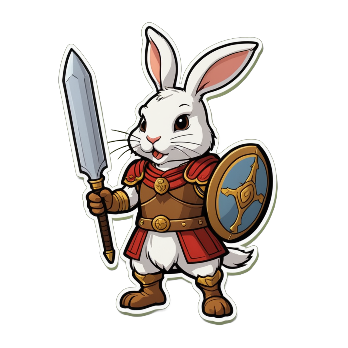 An intrepid rabbit as a Roman gladiator, wearing a helmet fashioned from an acorn, in a fierce stance