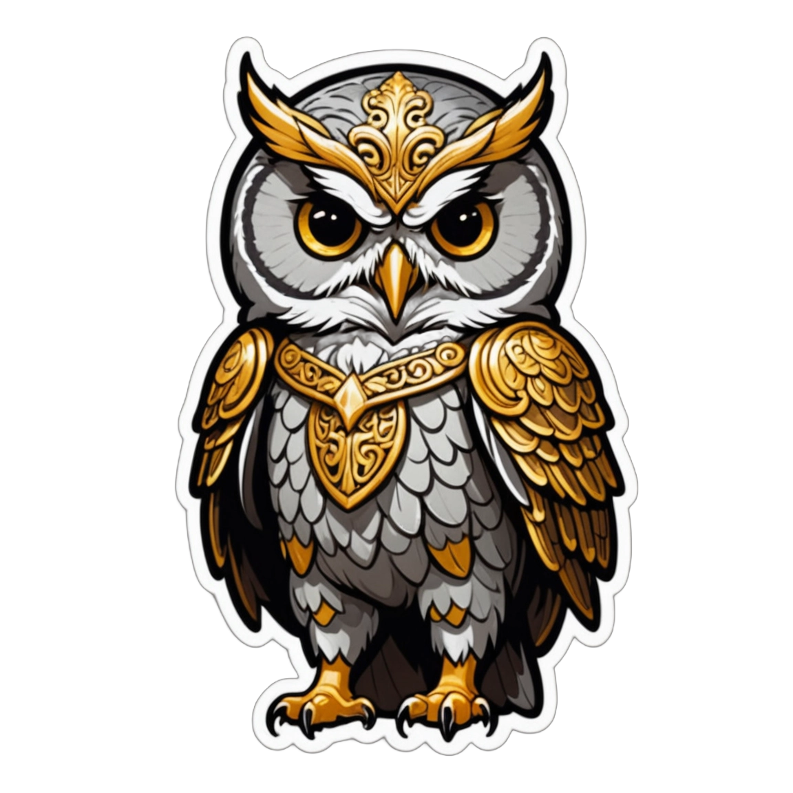 An owl as a medieval warrior, fashioned with golden ornaments